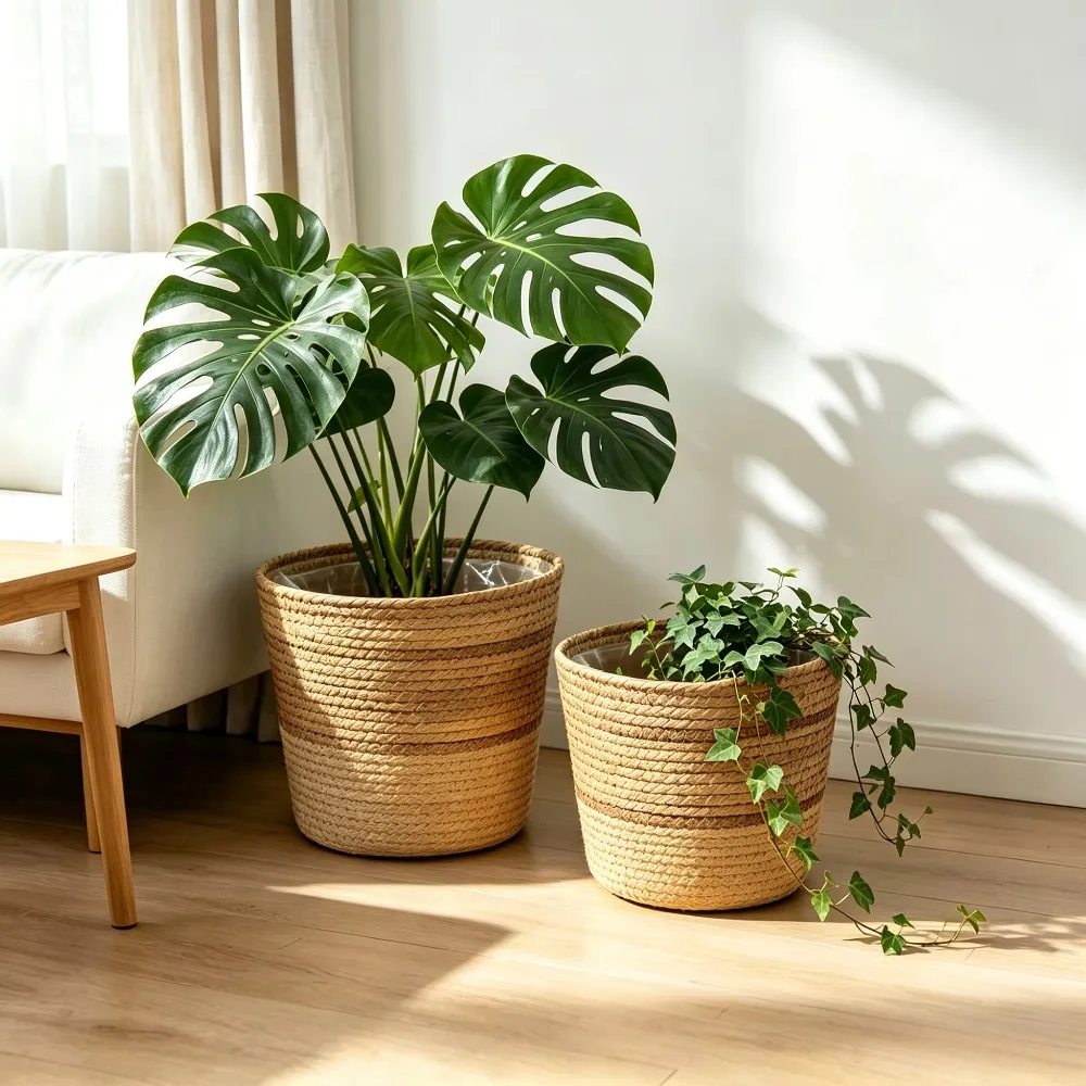 Handmade Woven Basket Natural Seagrass Storage Bins Trash Cans Plant Pot Cover Multi Use for Cafe Restaurant Home Garden Decor
