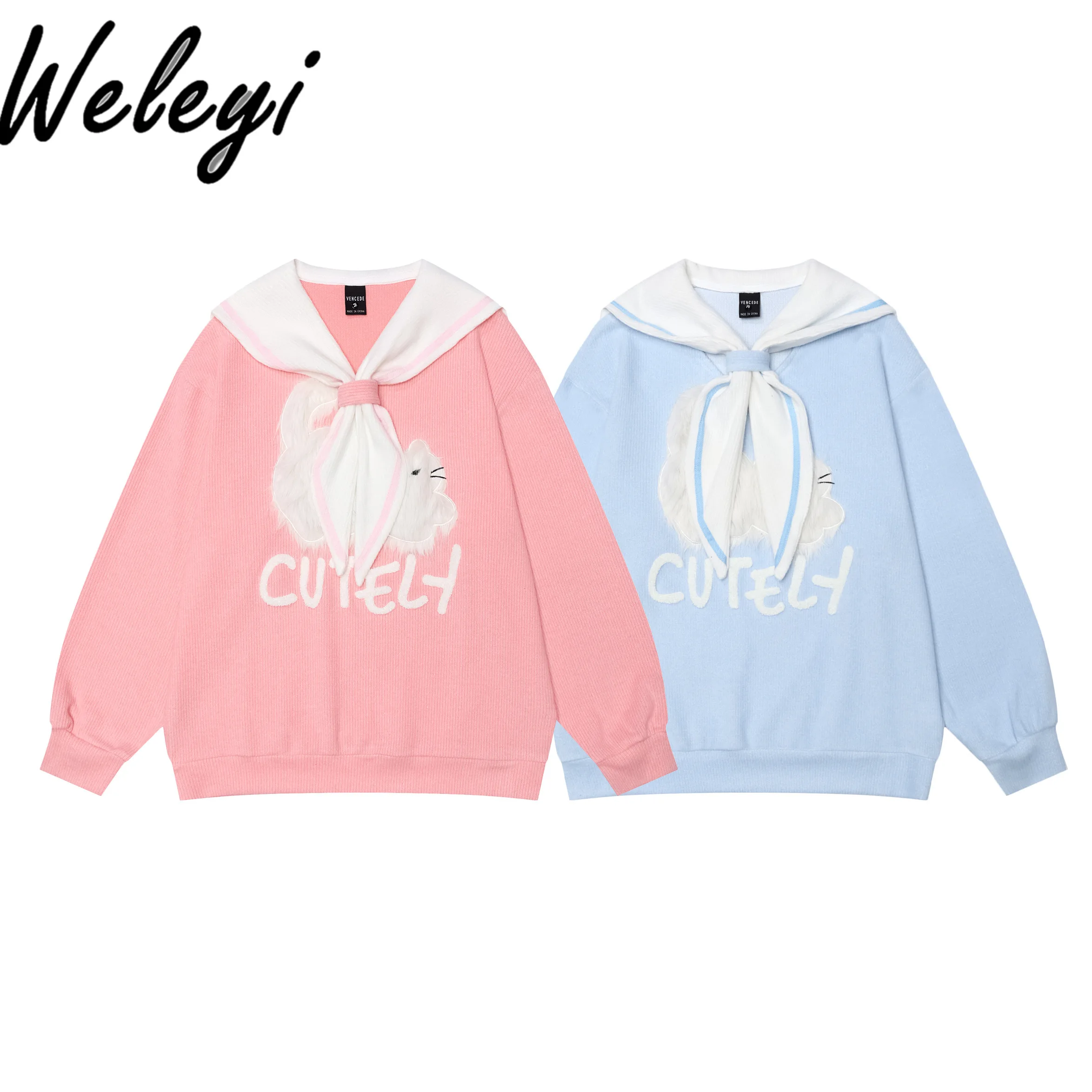 Y2k Plush Cat Sailor Coolar Hoodie Sweet Girl Clothes Original Cute Japanese College Loose Soft Girl Navy Collar Sweatshirts