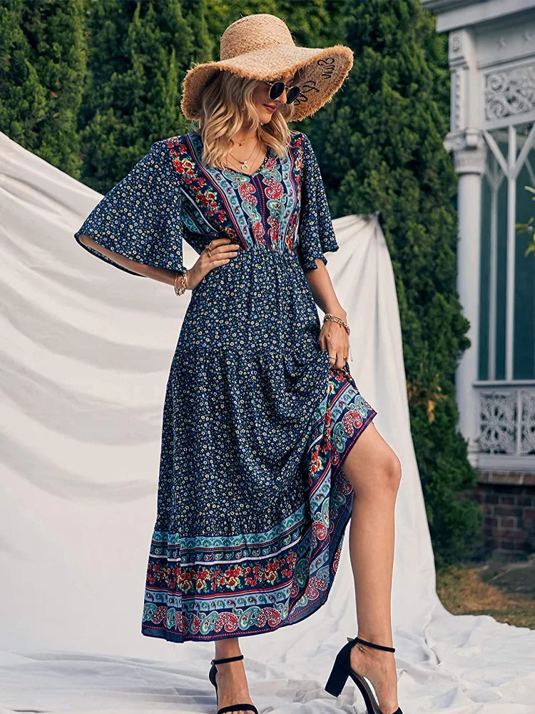 Bohemian Beach Long Dress Women Clothes 2023 Summer Button V-neck Flared Sleeves Dresses Boho Hippie Chic Maxi Dress Vestidos