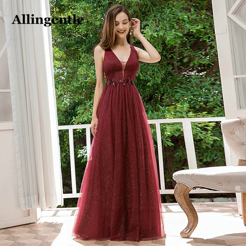 Allingentle Burgundy Shiny Formal Dresses Sleeveless V-neck Maxi Dress A-line Elegant Evening Prom Gown 2023 Floor Length Custom