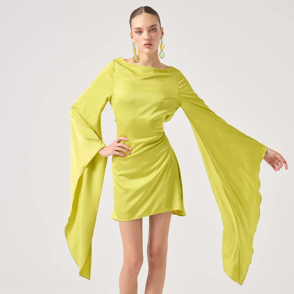 فستان قصير مناسب لخريف وشتاء 2025 من الساتان بدون ظهر للنساء بلون سادة وربطة عنق على شكل حرف U وأكمام تشبه جناح الخفّاش أنيق ومثير للحفلات #3