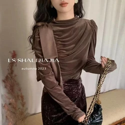 Elegant Bow Patchwork Pleated T Shirts Spring Autumn New Long Sleeve Slim Solid Korean Tops Temperament Fashion Women Clothing