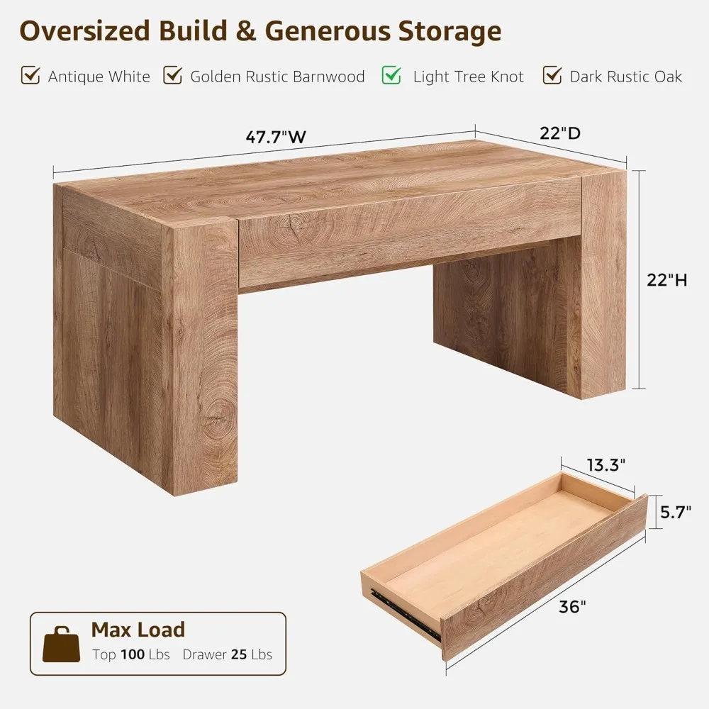 48" Modern Farmhouse Coffee Table, Wooden Living Room Table with Hidden Storage Drawer, Rustic Rectangular Center Tables w/W