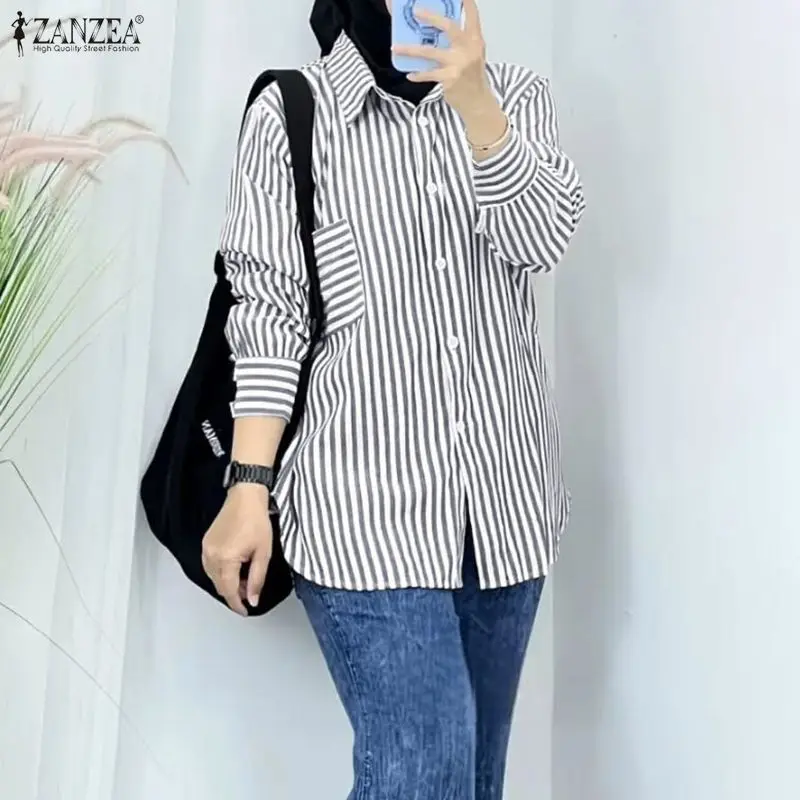 

ZANZEA Muslim Fashion Woman Collared Shirts Long Lantern Sleeve Button Up Oversize Long Chemises Femme Islamic Hijabs Loose Tops