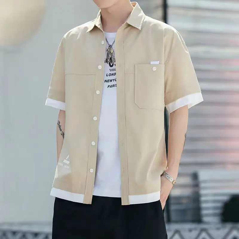 Korean Version Trend Handsome Versatile Refreshing Youth Street Leisure Time Comfortable Men's Short Sleeved Shirt Summer 2024