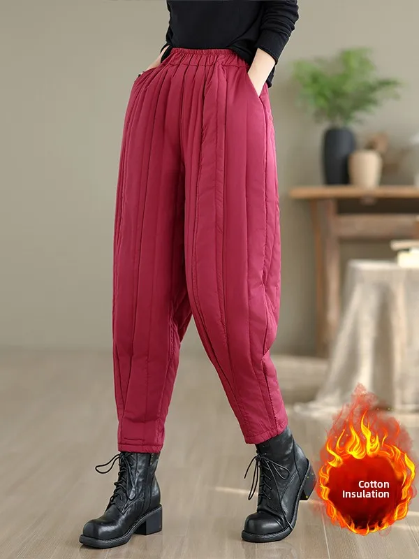 

Thiened Хлопковые брюки Харлан в полоску, стеганые свободные теплые капусты, зимние женские брюки больших размеров, хлопковые джинсы с высокой талией