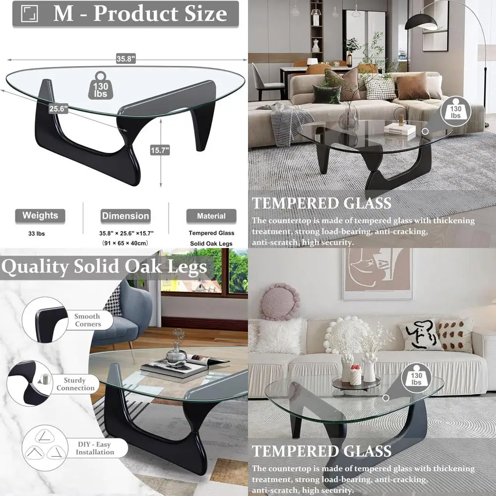 

Triangular Glass Top Coffee Table with Natural Wood Base for Living Spaces (Black/Brown, Medium, 35.8x25.5x16in)