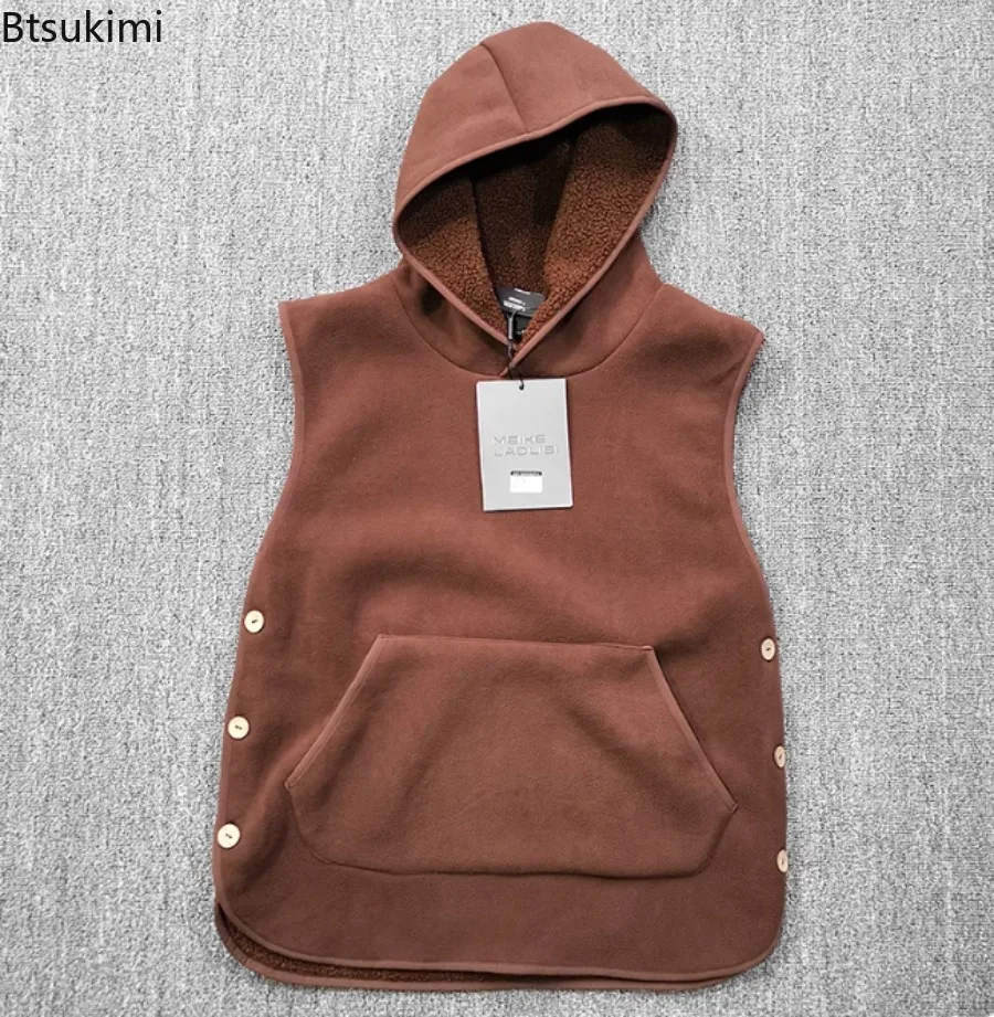 2025 Winter Men's Sleeveless Vests Soft Comfortable Fleece Thicken Hooded Solid Color Casual Loose Warm Simple Male Waistcoat