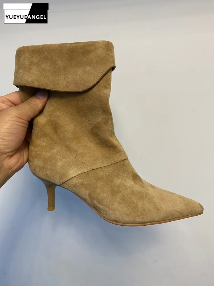 Handmade Women Pointed Toe Thin High Heels Ankle Boots Slip On High Top Genuine Leather Modern Shoes Elegant Ladies Work Boots