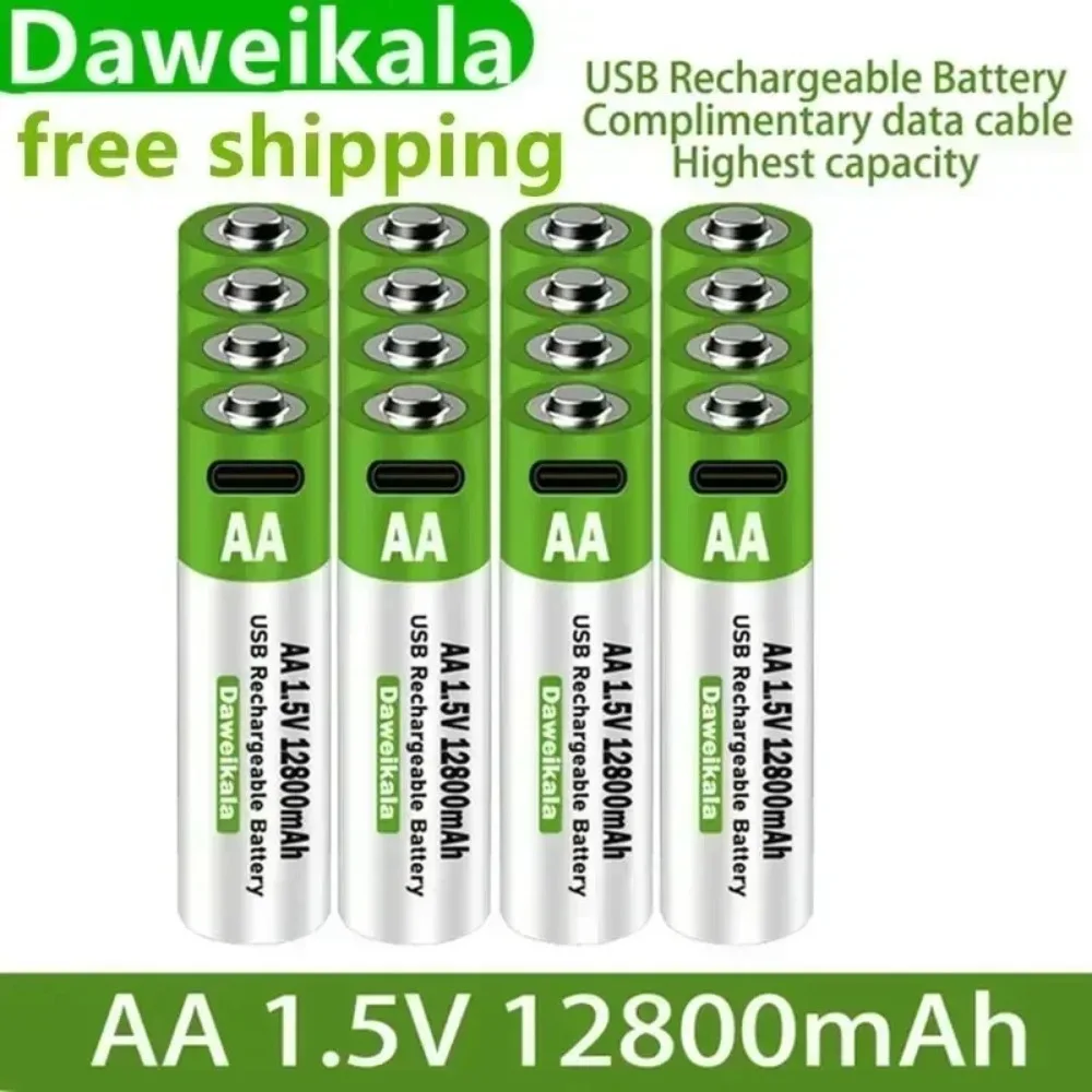 New 1.5V AA USB Rechargeable Battery 12800 mAh Li-ion Battery for Remote Control Mouse Electric Toy Battery + Type-C Cable