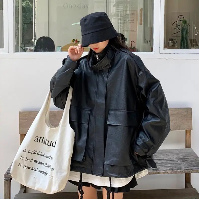 Retro Design Sense Drawstring Long-sleeved PU Leather Jacket Female Students Korean Autumn Loose Long-sleeved Jacket Trendy