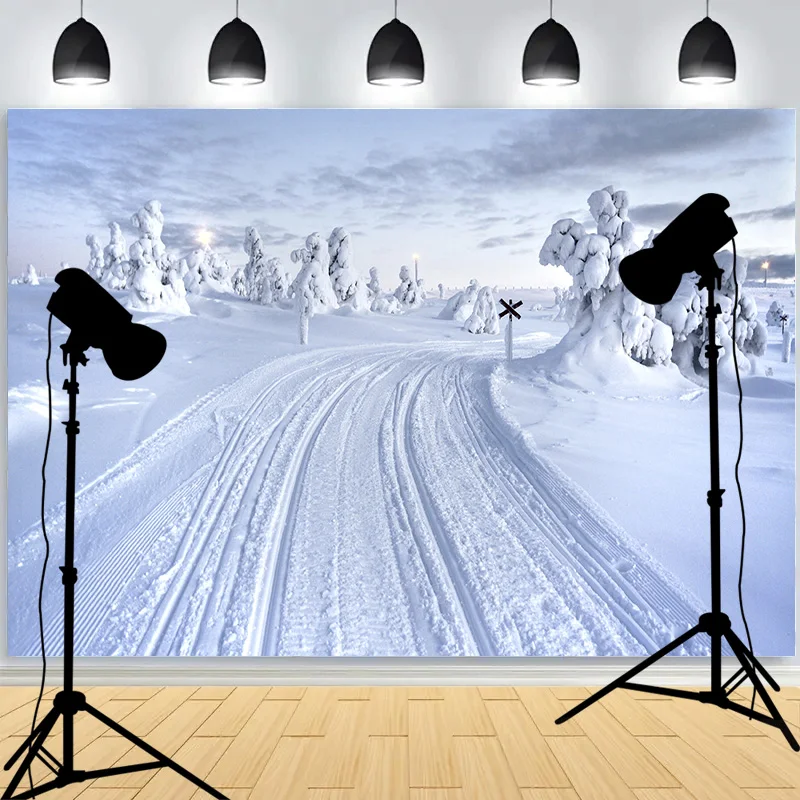 Snowflake Pine Forest Frozen Stream Photography Background Frost Snow Hill Winter Wonderland Studio Backdrops AM-07