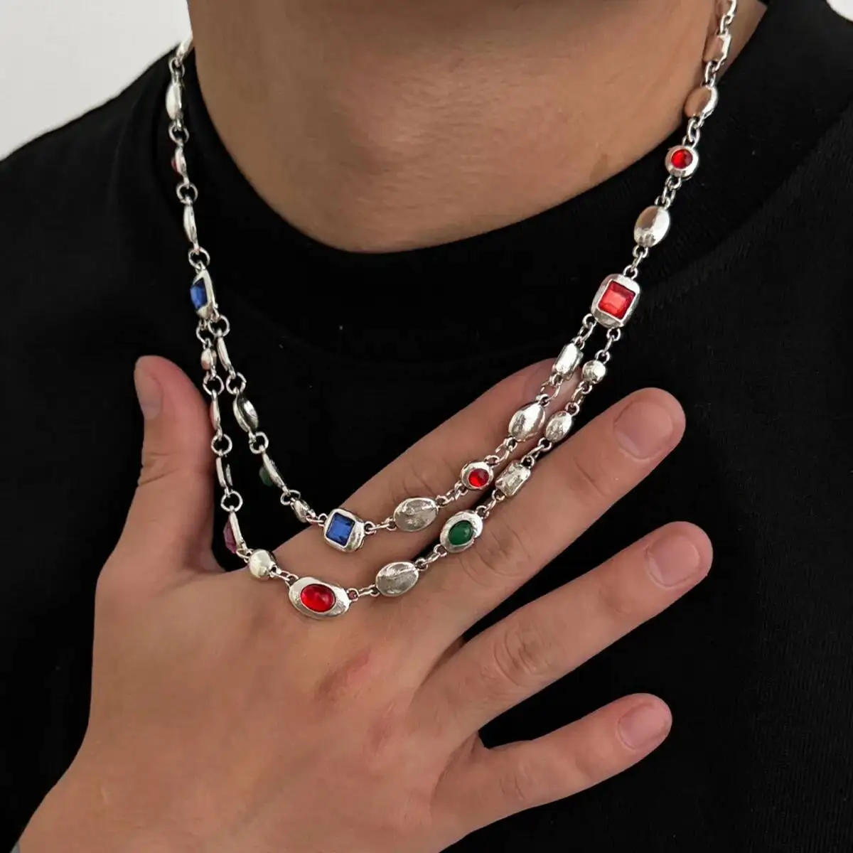 

SHIXIN 3 Styles Hip Hop Colourful Acrylic Rhinestone Choker Necklace for Men Y2K Punk Multilayer Stacked Necklace Male Jewelry