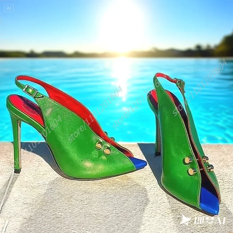 

Green Leather Gold Metal Spikes Buckles Sandals Pointed Open Buckle Slingback Vacation Heels Red Blue Color Pump Stiletto Shoes