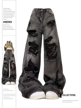 Zerrissene Jeans für Damen, Baggy-Vintage-Ästhetik, Streetwear, Cowboy-Hose, Harajuku, Oversize-Denim-Hose, Y2k, 2000er-Jahre, modische Kleidung