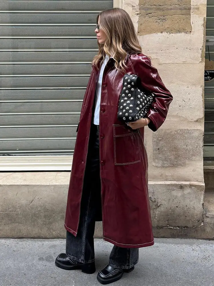 Retro Wine Red Flip Collar Single Breasted Woman Coat Chic Solid Color Full Sleeves Pocket Leather Overcoat New Fall Streetwear