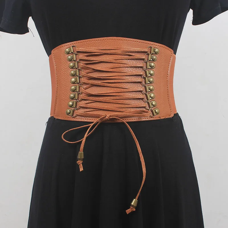 

13CM Wide Corset Strap Women Camel Coffee PU Leather Elastic Waistbands Vintage Self-tie Shirt Robes Waist Belts Cinturon Mujer