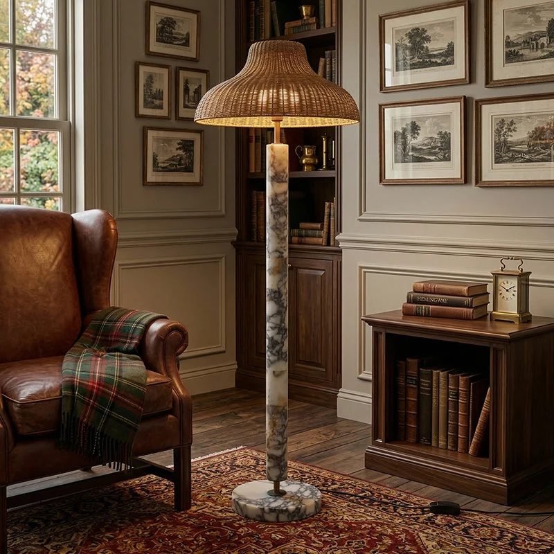 Marble Floor Lamp Nordic Modern Villa Resort Hotel Rattan Natural Marble LED E26 Factory Wholesale Export Aphra Floor Lamp