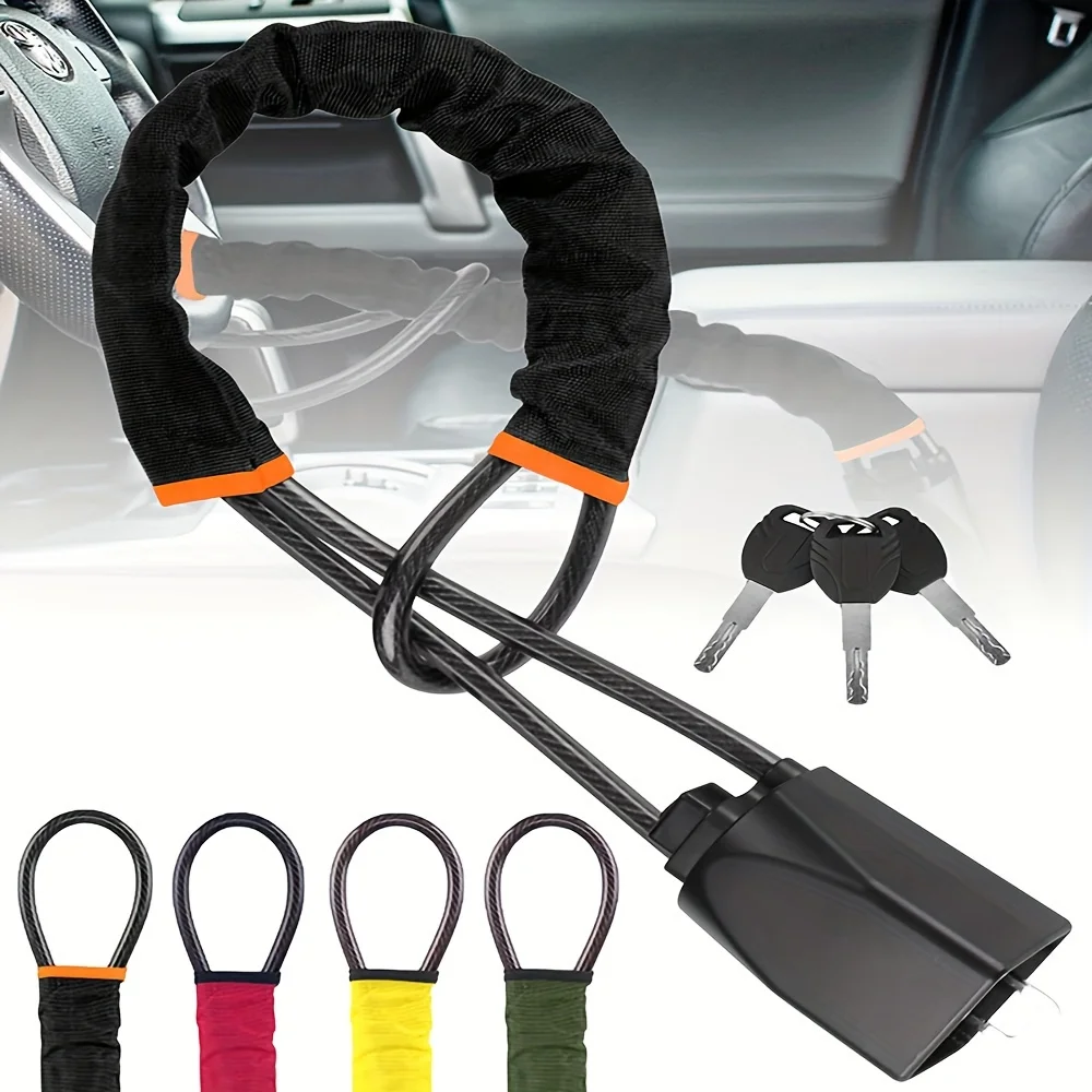 Reinforced Car Steering Wheel Cable Lock - 3Colors (Red/Blue/Yellow/Black) Automotive Anti-Theft Security Deterrent Accessory