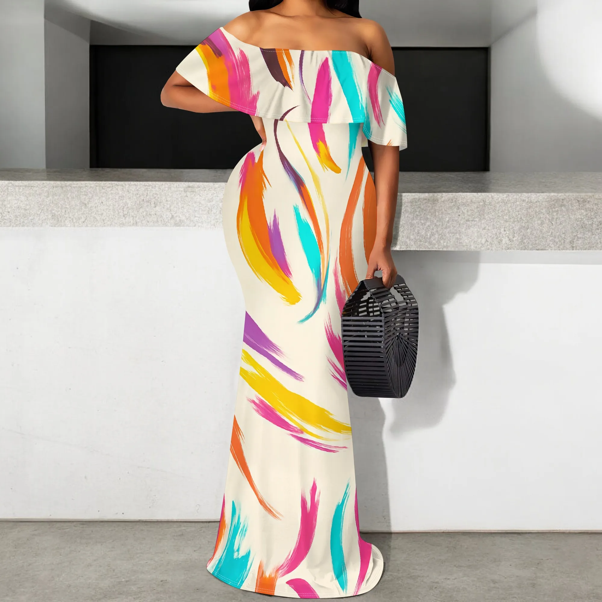 

Off Shoulder Brush Stroke Maxi Dress S-3XL Ruffle Mermaid Fit for Summer Vacation, Juneteenth or Afro Urban Art Look