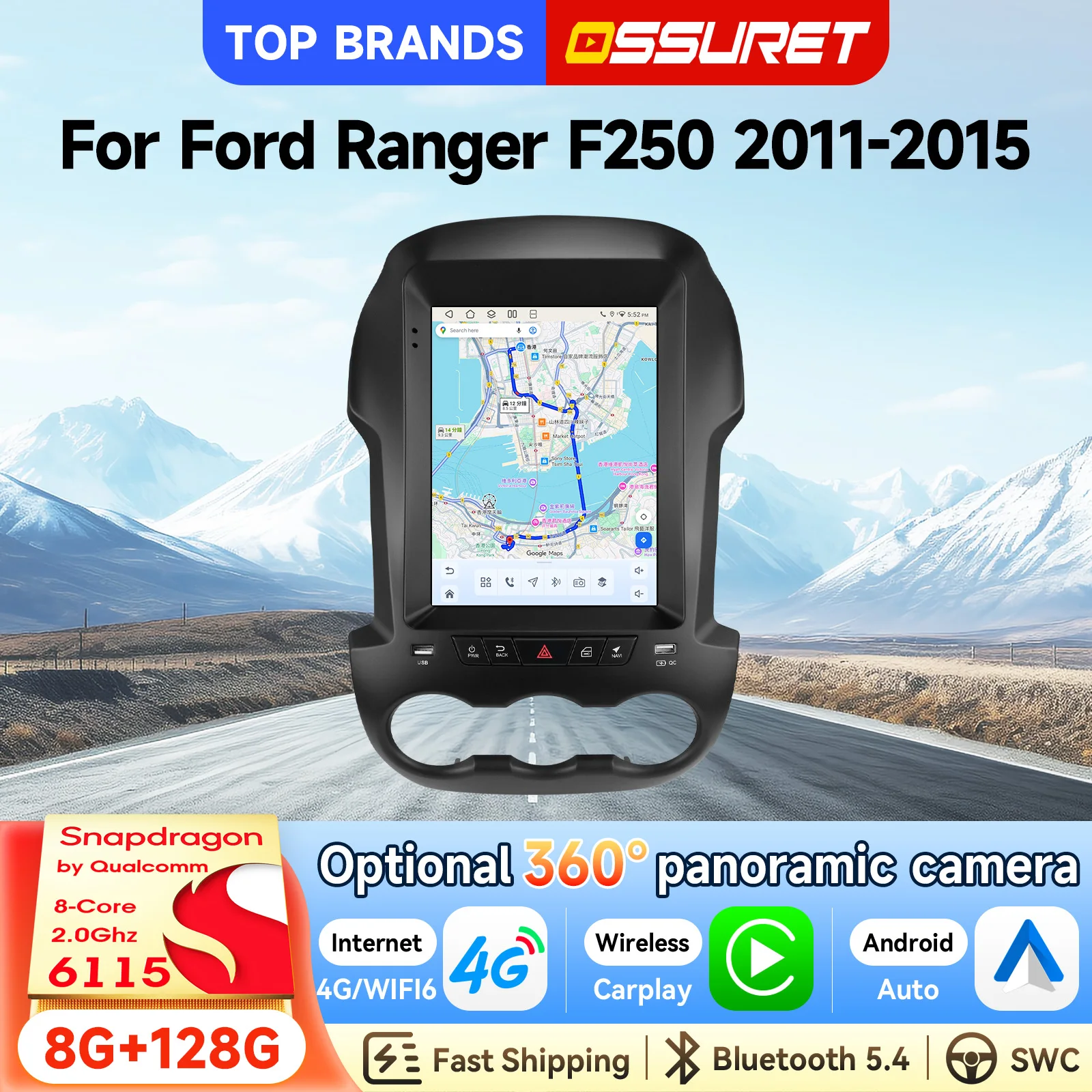OSSURET Schnelle Lieferung 9,7 Zoll 6115 Carplay GPS-Navigation Android 15 Autoradio für Ford Ranger F250 2011-2015 Touchscreen Multimedia-Videoplayer FM AM RDS DSP Audio Radio Android Auto SWC 4G