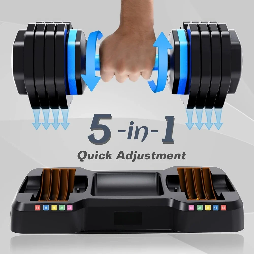 Adjustable Dumbbell, 55 Pounds, 5-in-1 Dumbbell 15-55 Pounds Adjustable Weight Board, Suitable for 2 Home Gyms