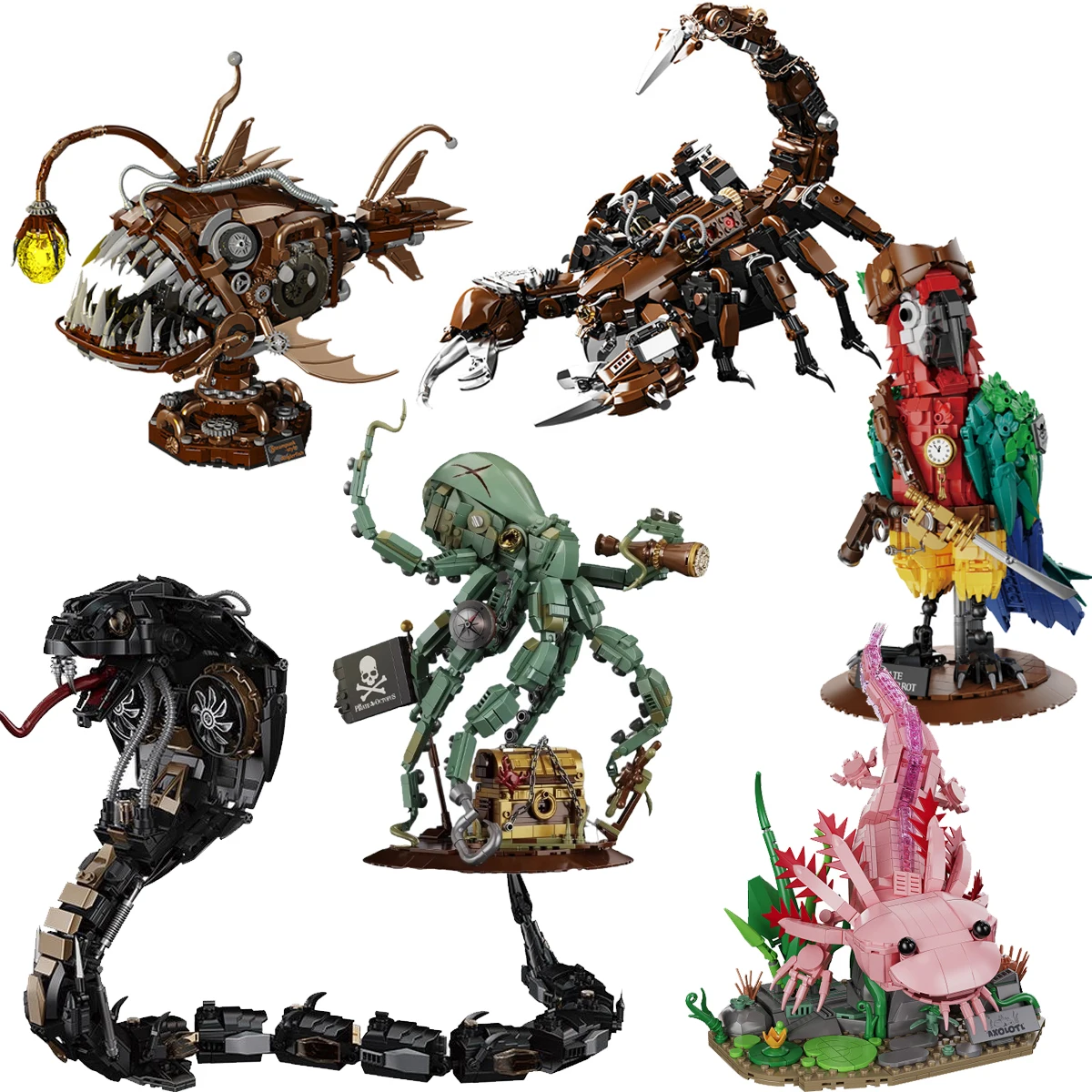 

Механические строительные блоки-конструкторы: Морской дракон, Скорпион, Осьминог, Королевская кобра, Попугай. 3D-модель для сборки, мини-кирпичики, игрушка для детей.