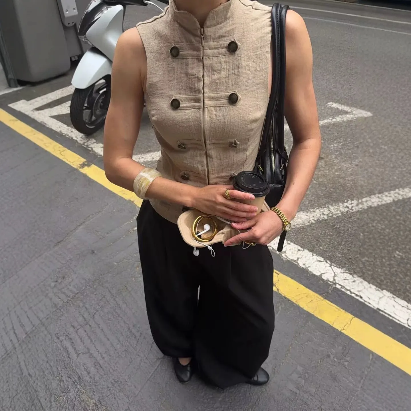 

Stand Collar Sleeveless Vest Double Breasted Round Metal Buttons Slim Fit Casual Streetwear Layering Outer Waistcoat 260602