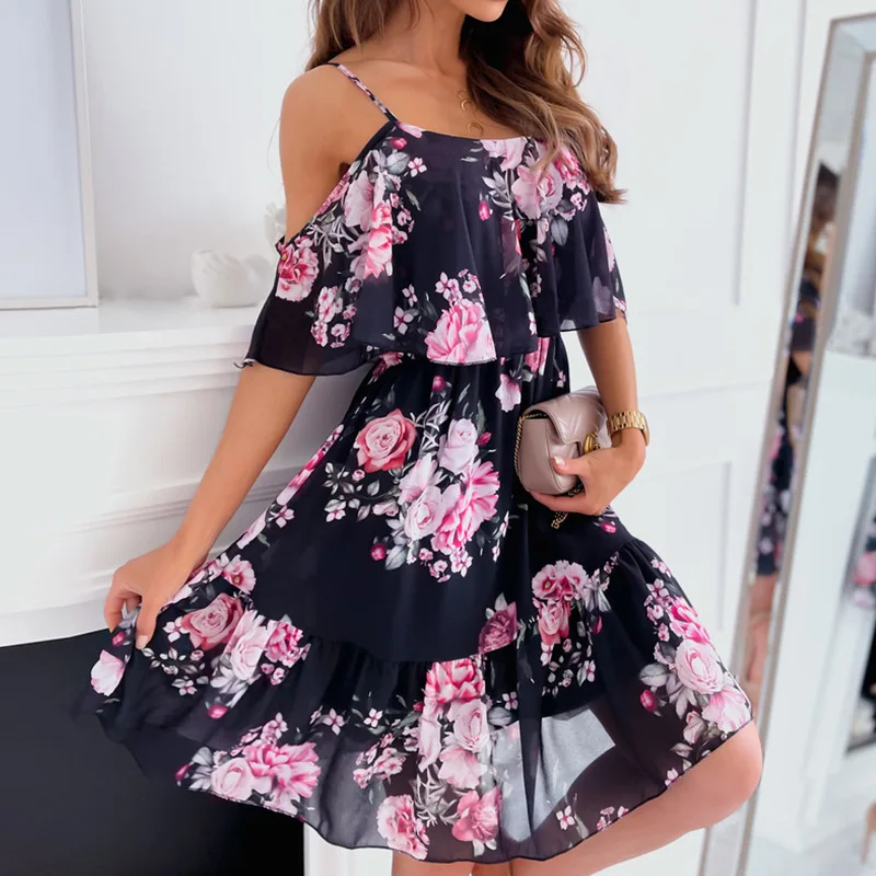 Woman Dress 2022 Summer Floral Printed Sexy Spaghetti Strap Off Shoulder Dress Casual Ladies Holiday Beach Boho Dresses Vestidos