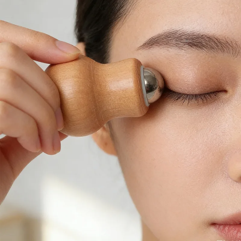 Portable Gourd-Shaped Stainless Steel Roller Massager Natural Beech Wood Eye & Full Body Massage Enhances Skincare Tools