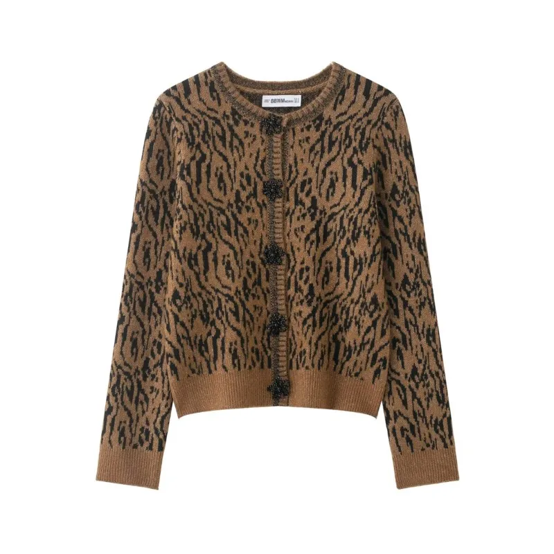 

Women Animal Jacquard Knitted Jacket Autumn Winter Fashion Round Neck Long Sleeved Sweater Beads Decorated Casual Female Tops