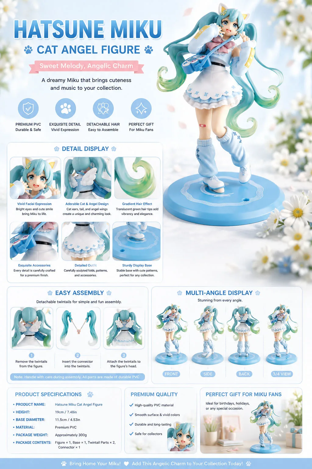 Hatsune Miku Katzen-Engel-Figur 19cm Niedliche Anime PVC Sammlerfigur mit Haaren Perfektes Geschenk Süße Hatsune Miku Ausgefallenes Sammlerstück – Detail 1