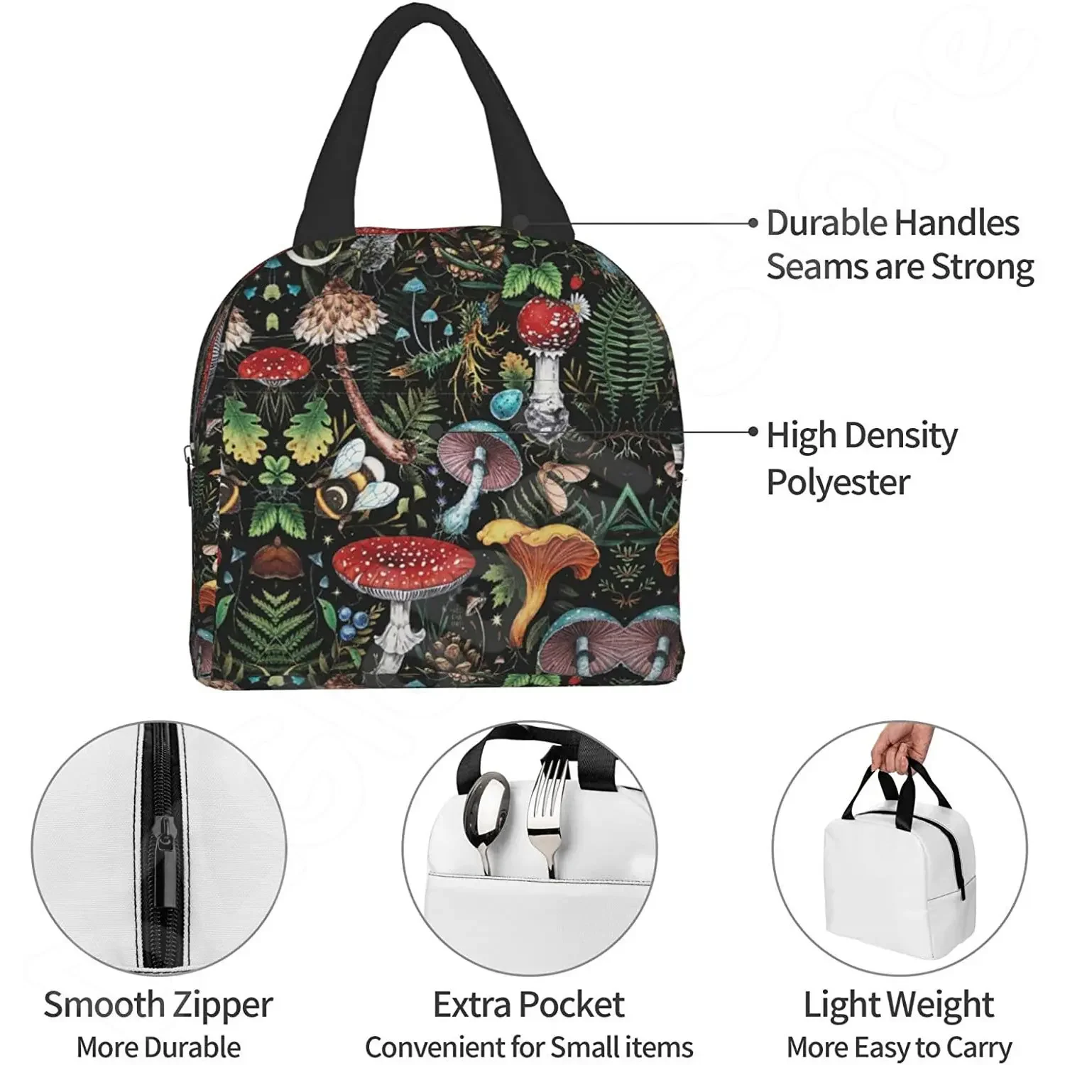 Lunch Bag for Women Men Mushroom Art Reusable Insulated Cooler Lunch Tote Box Cute Funny Container Lunch Holder Portable Bag