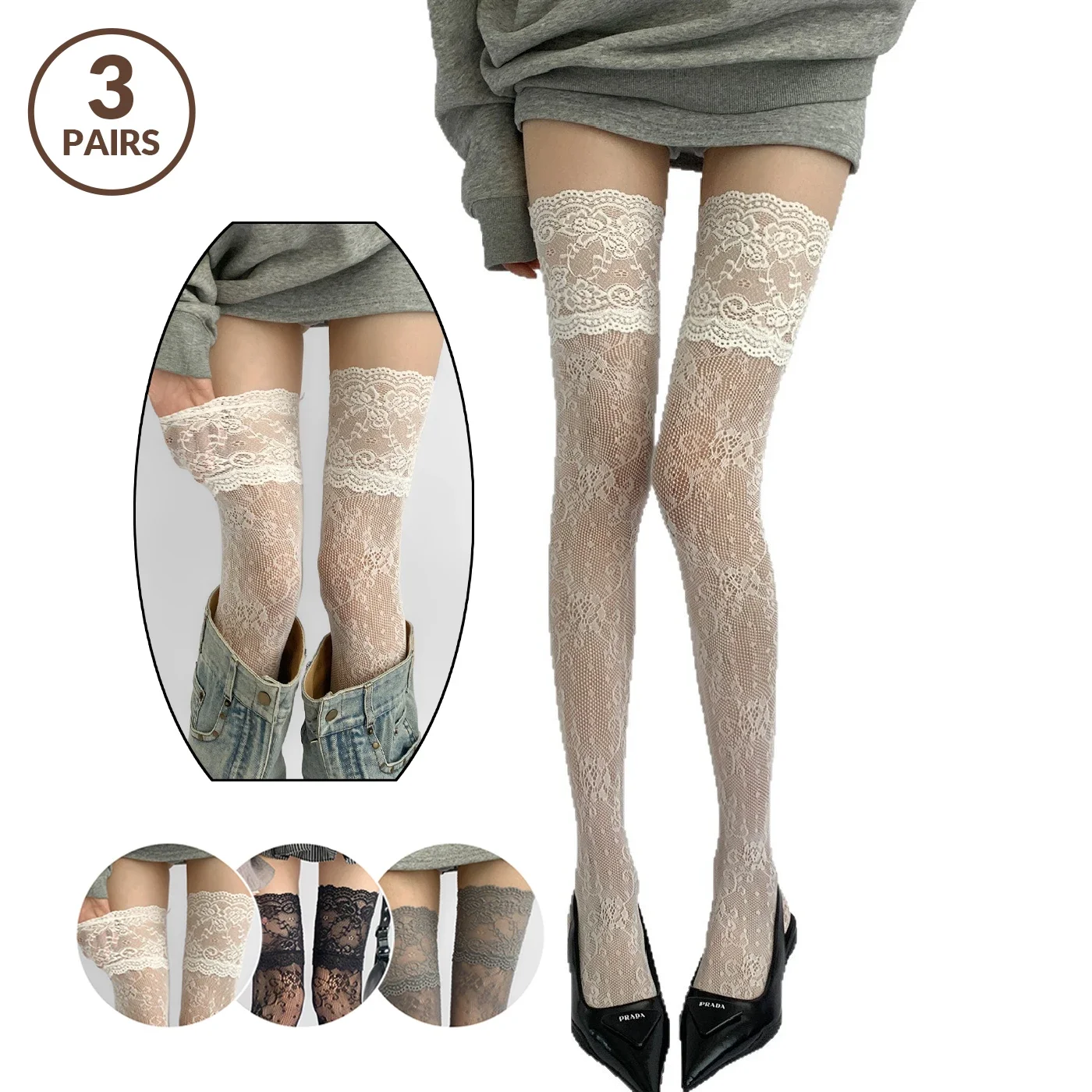 

1/3pairs Women's Sexy Lace Floral Fishnet Stockings Y2k JK Lolita Thigh High Socks Over Knee Long Socks
