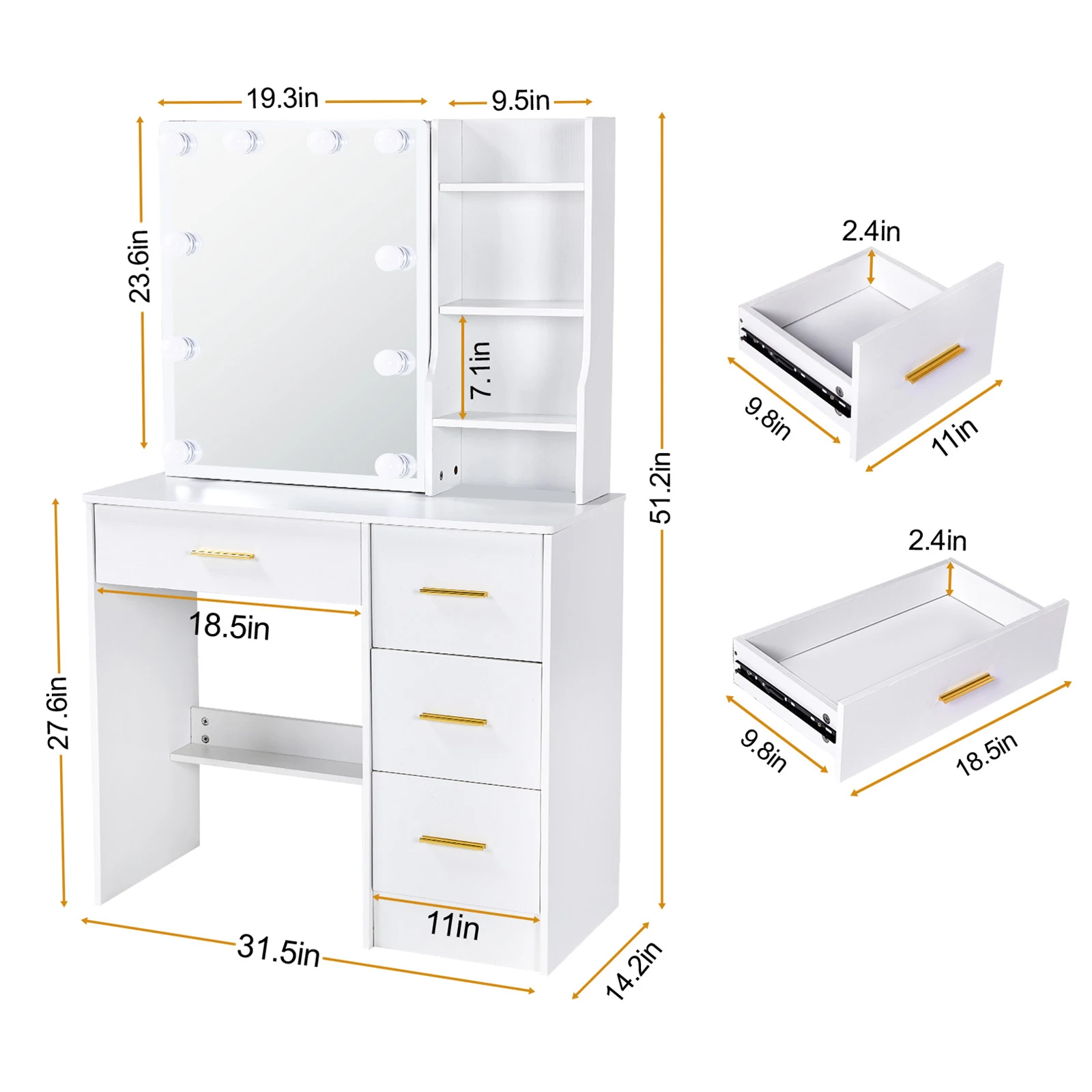 طاولة الزينة الحديثة، طاولة الزينة، مرآة مضاءة أنيقة مع 4 أدراج #6