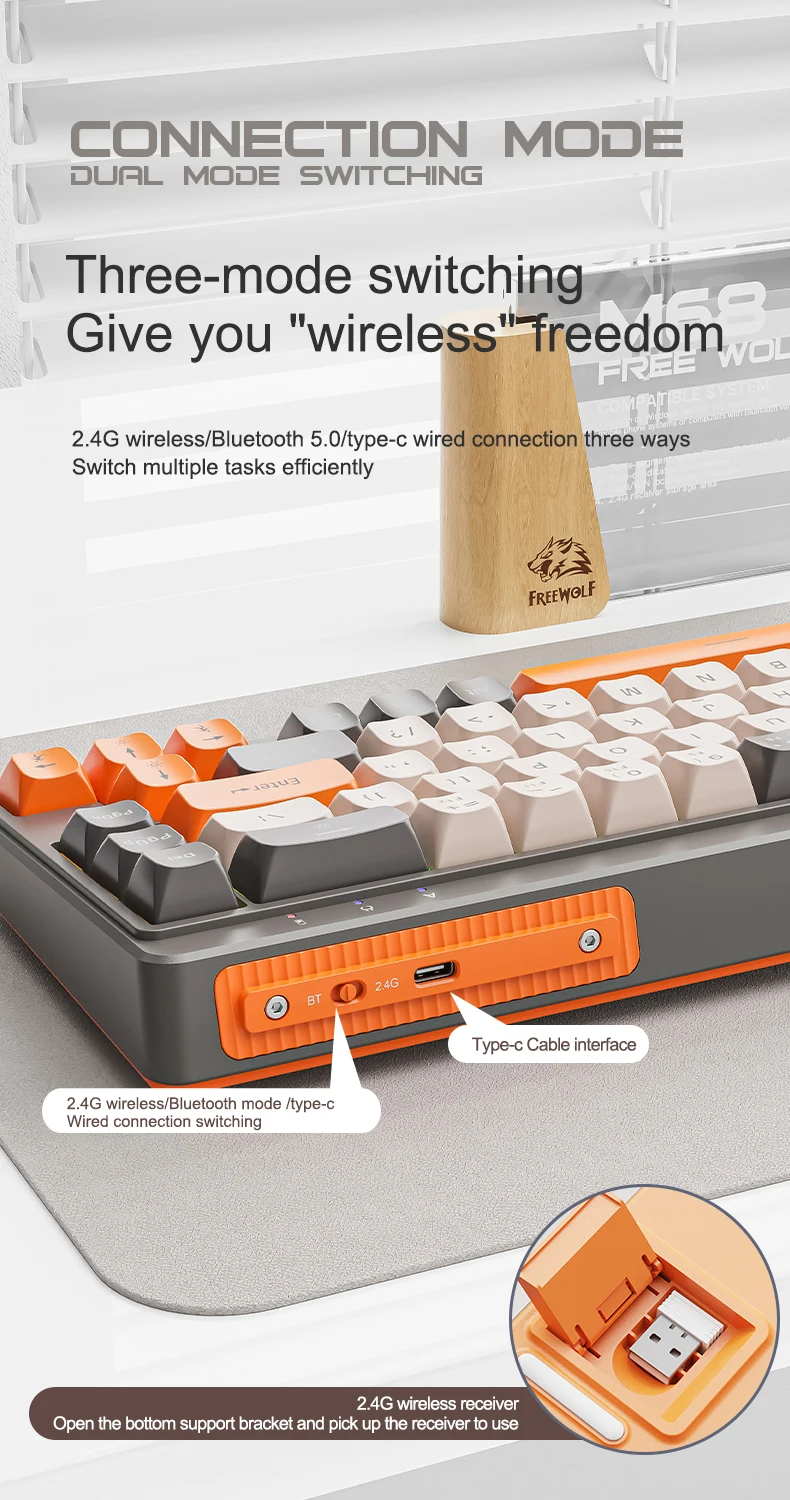 Teclado FREEWOLF M68 de 68 teclas com conexão tri-mode Bluetooth sem fio para jogos e esportes eletrônicos PBT Caps
