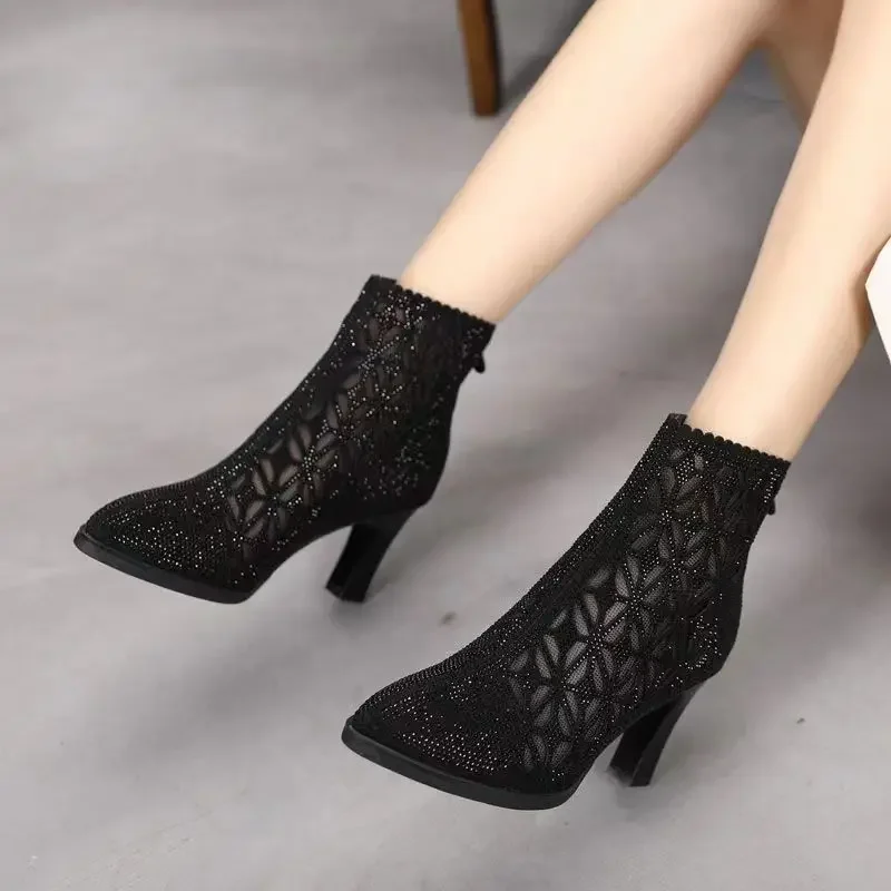 Women Hollow Mesh Ankle Boots  Summer Fashion Rhinestone Square Heel Pointed Toe Zipper Sandals Casual High Heels Shoes