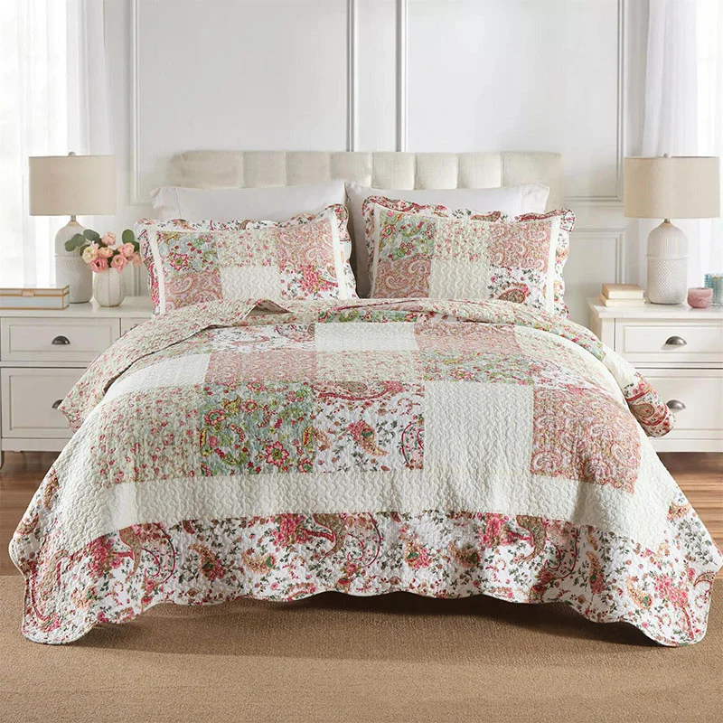 

Plaid 100% Cotton Quilt Bedspread Set 3pcs Patchwork Pillowcases Quilted Linen Blanket Sheet Cubrecam Bed Cover Colcha Coverlet