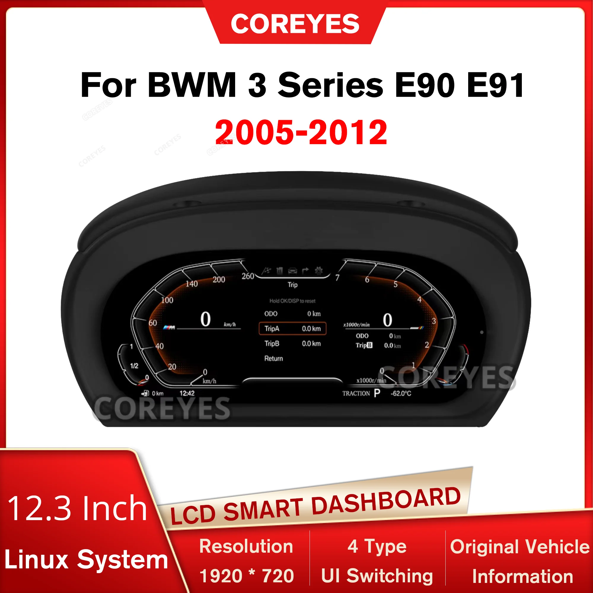 

COREYES 12,3-дюймовый цифровой приборный кластер для Bmw E90 E91 E92 2005-2012 год Linux, система спидометра, приборная панель автомобиля