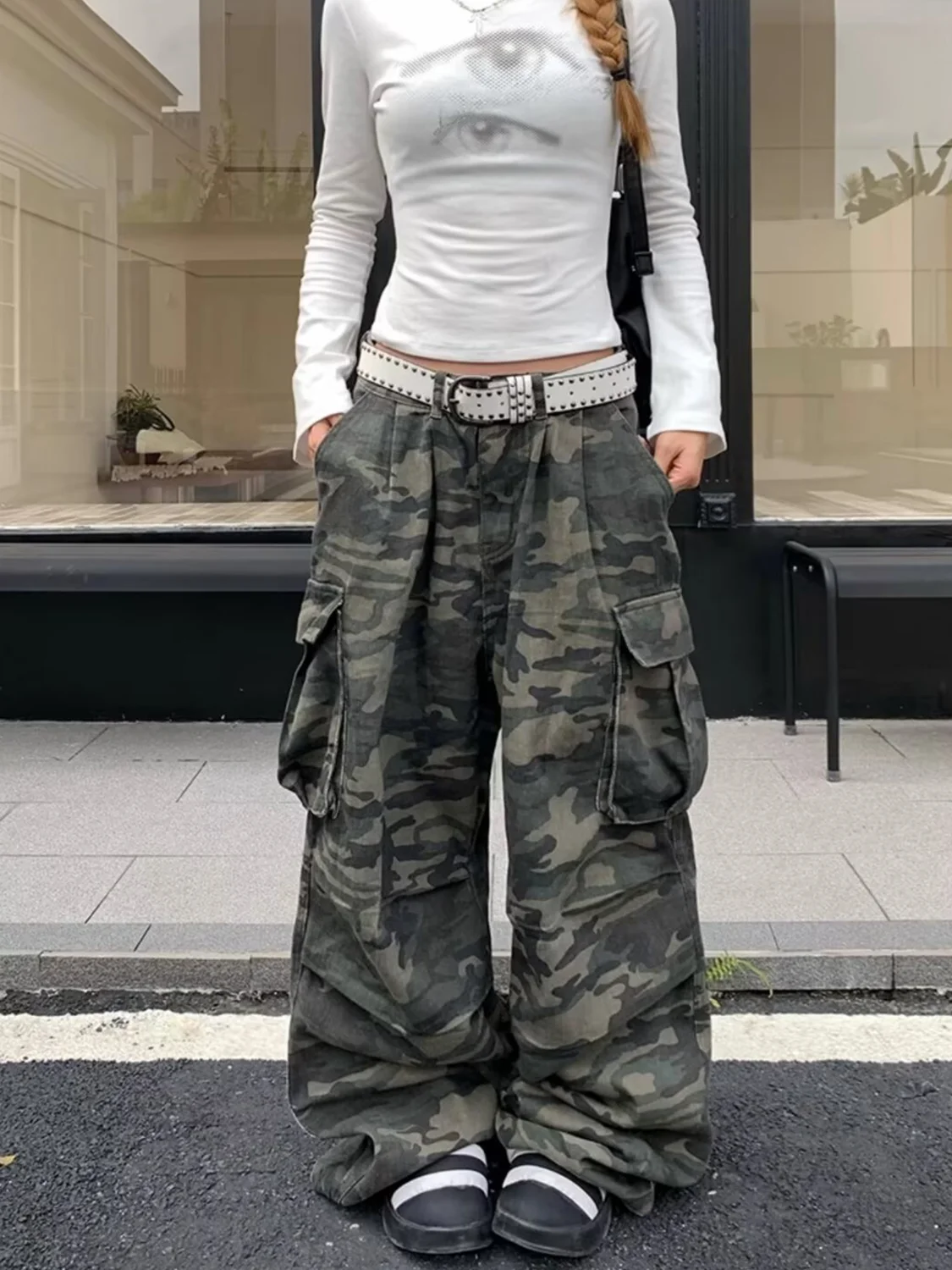 Military Green Womens Jeans High Waist Vintage Straight Baggy Y2K Denim Pants Hip Hop American Fashion Wide Leg Denim Trouser