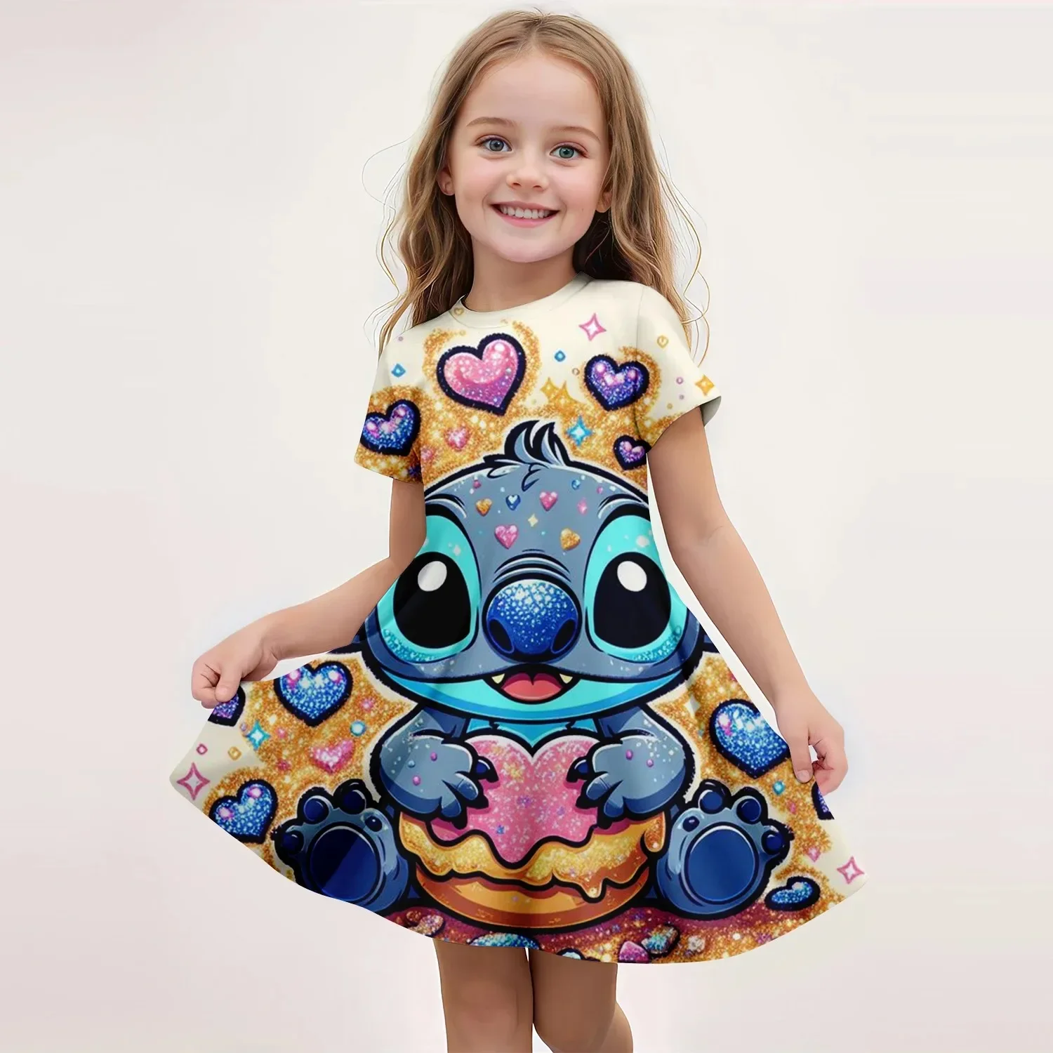 

2025 Summer Girls Short Sleeve Dress Cute Stitch 3d Printed Kids Skirt Fashion Trend Performance Clothing Breathable Casual Wear