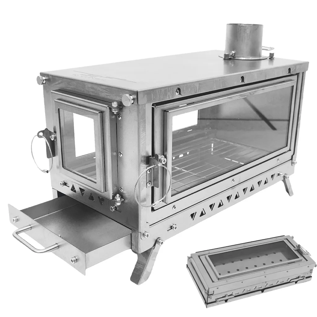 DANCHEL T3 Titanium Tent Stove, Folding Insert Wood Burning Stove Ultralight Camping Fireplace 3 Glass Chimney Hiking Tent Stove