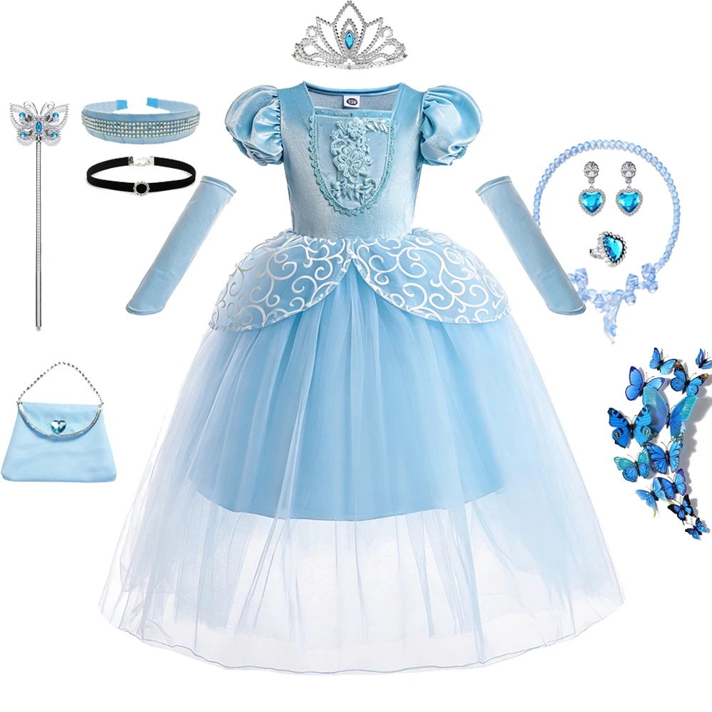 Cinderella Blaues Kurzarm-Kleid Komplettset mit Langen Handschuh-Ärmeln für Mädchen Geburtstag Ball Halloween Cosplay Kostüm – Detail 8