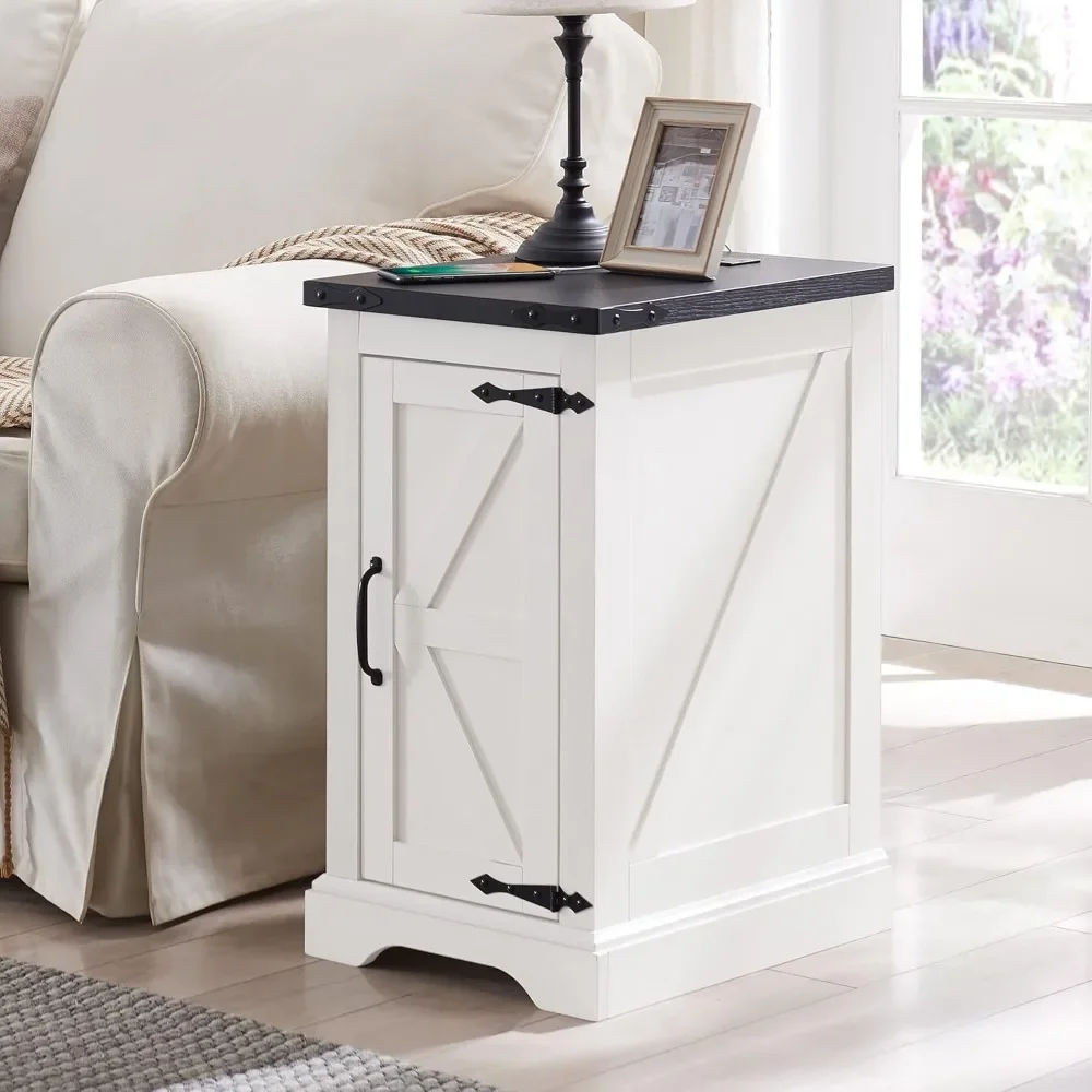 

Nightstand with Charging Station Rectangular Farmhouse End Table with Barn Door and Adjustable Storage Shelf