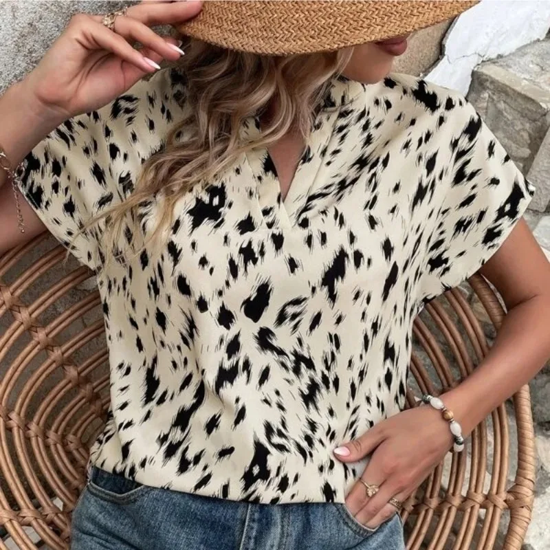 

Y2K Leopard Print Shirt Women European American Summer V Neck Loose Fitting Short Sleeved Pullover