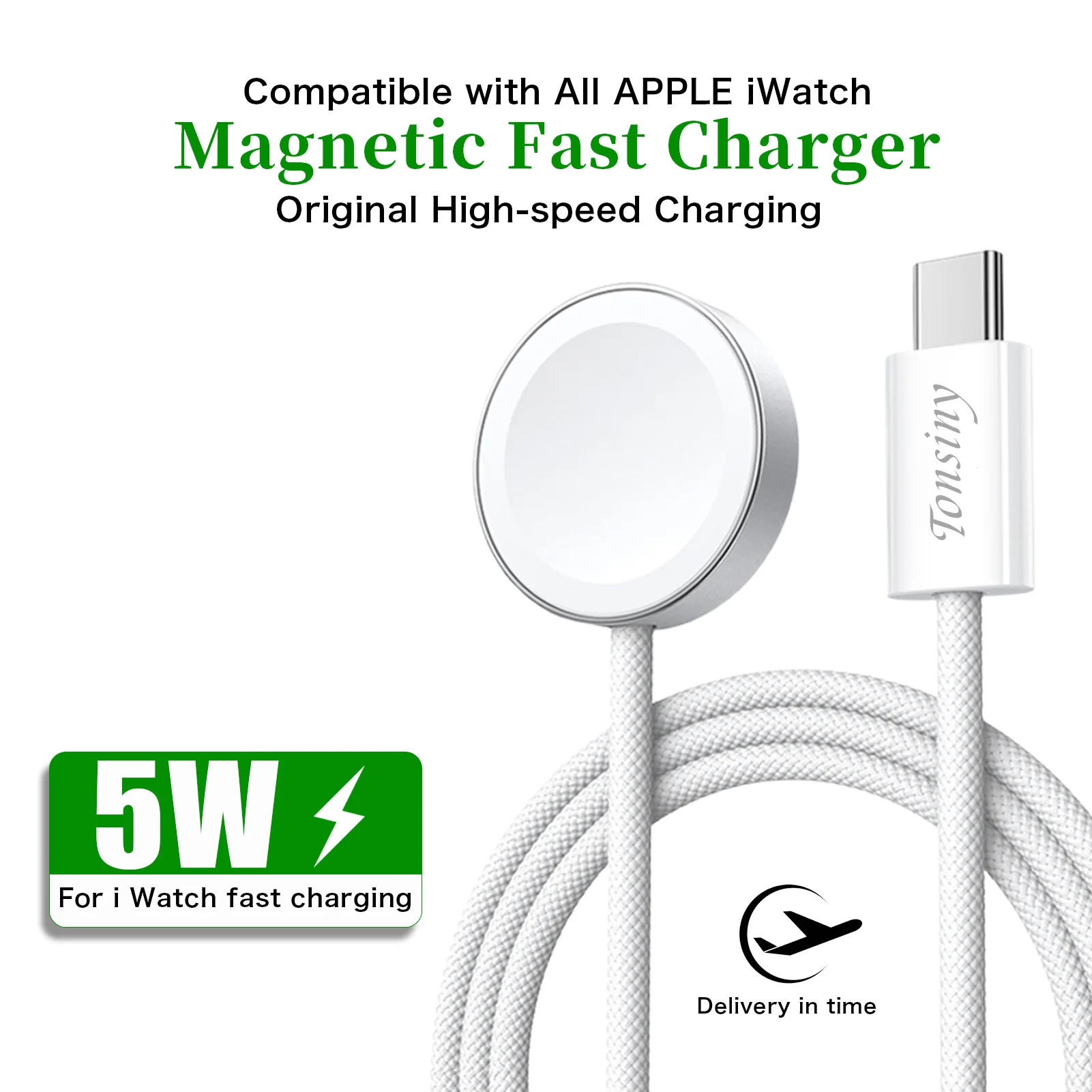 

Беспроводное магнитное зарядное устройство для Apple Watch (серии 11, 10, 9, 8, 7, 6, 5, 4, SE, Ultra, 3, 2, 1) с плетеным кабелем USB-C, быстрая зарядная док-станция для iWatch