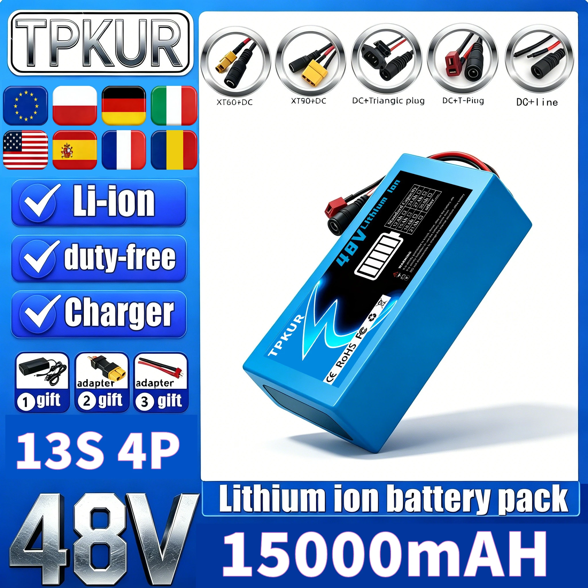 48V 18650 Lithium Battery Pack 13S4P 15000mAh Integrated BMS Replacement Battery for Electric Scooter Commute E-Bike