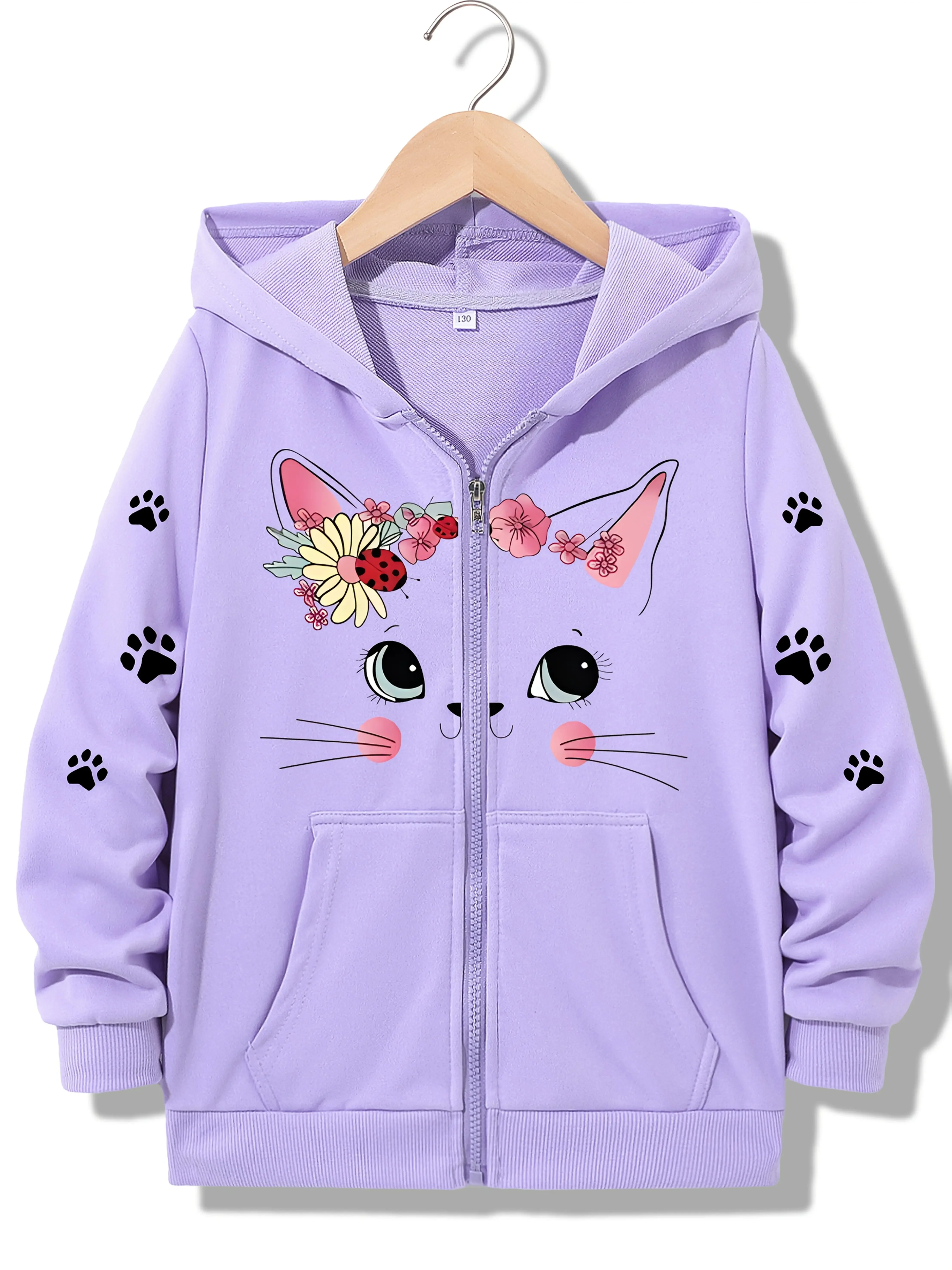 Girls Pink Cute Cat Face Zip Up Hoodie Kids Teen Animal Lover Paw Printed Sweatshirt Cardigan Coat Fall Winter Gift