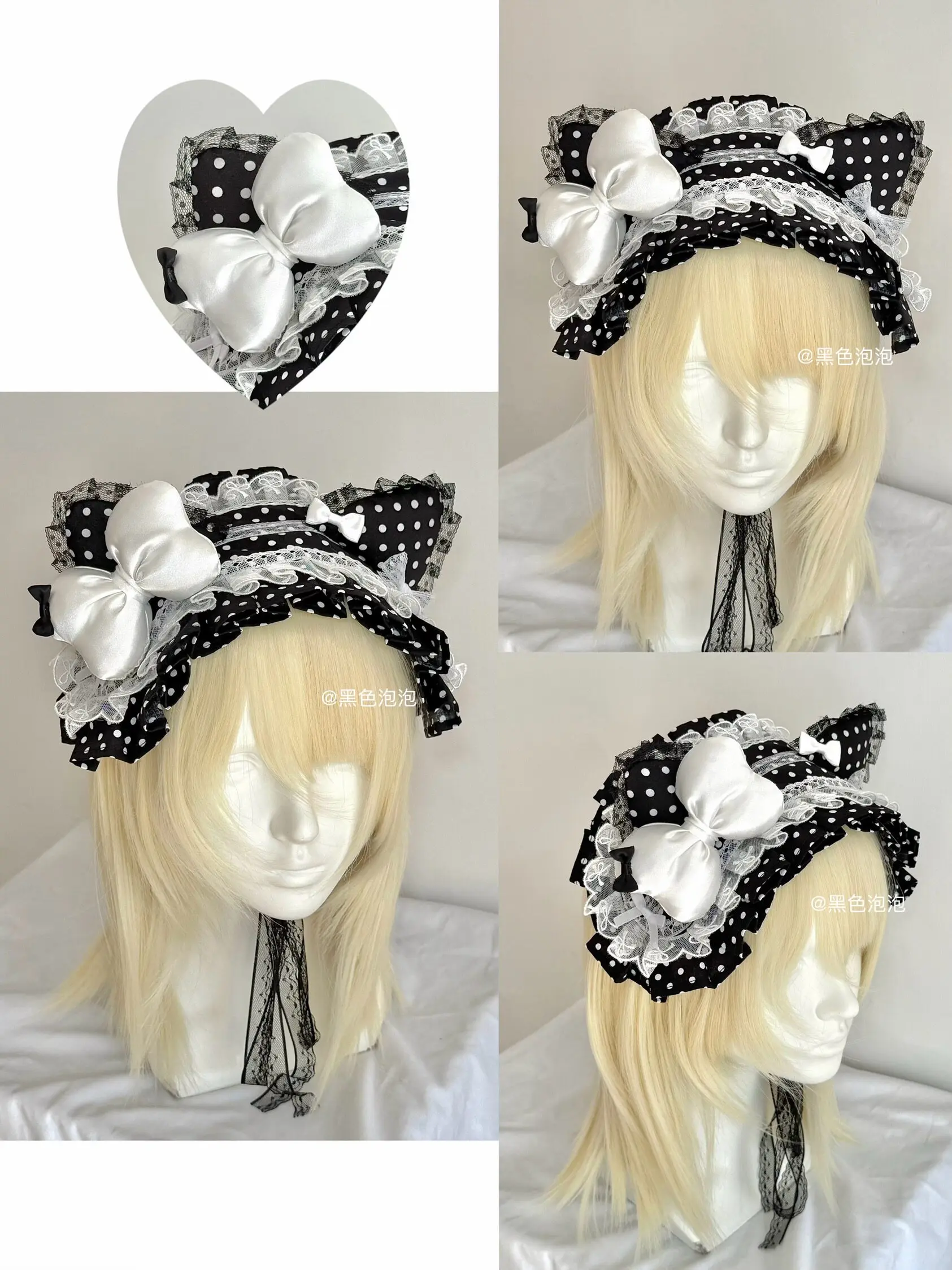

Original Lolita Black Polka Dot Cat Ear Headband Headgear Subcultural Accessories Lace Stitching Goth Dark Girl Kawaii Headband