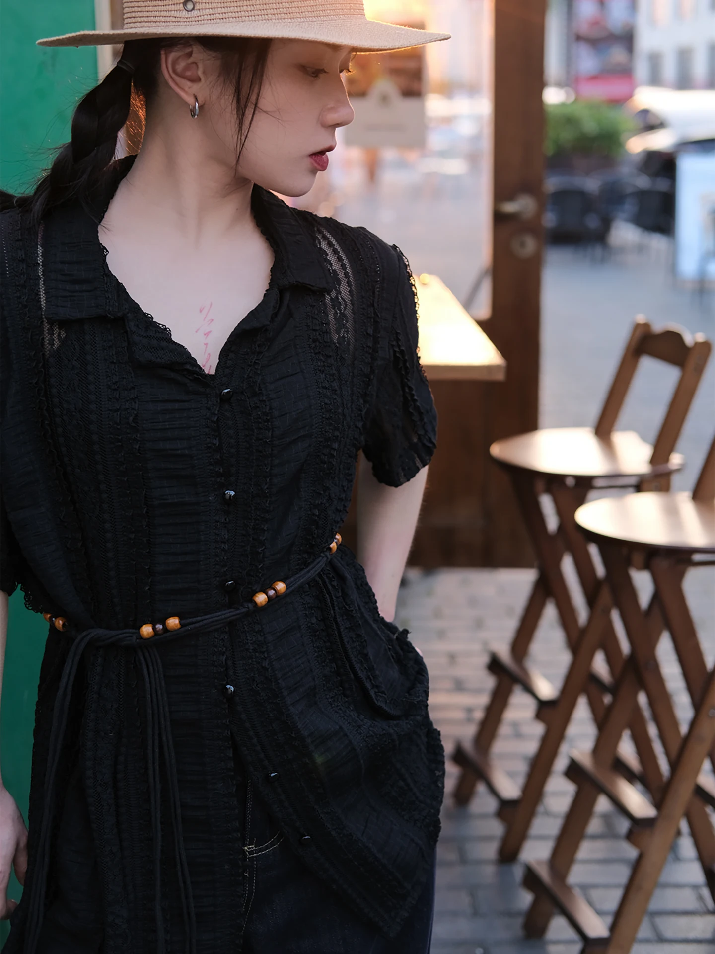 

Amei Store Bla Knitted Lace Long Sve irt Summer Thin Loose Casual Sle Color V-Ne Button up Casual Faion